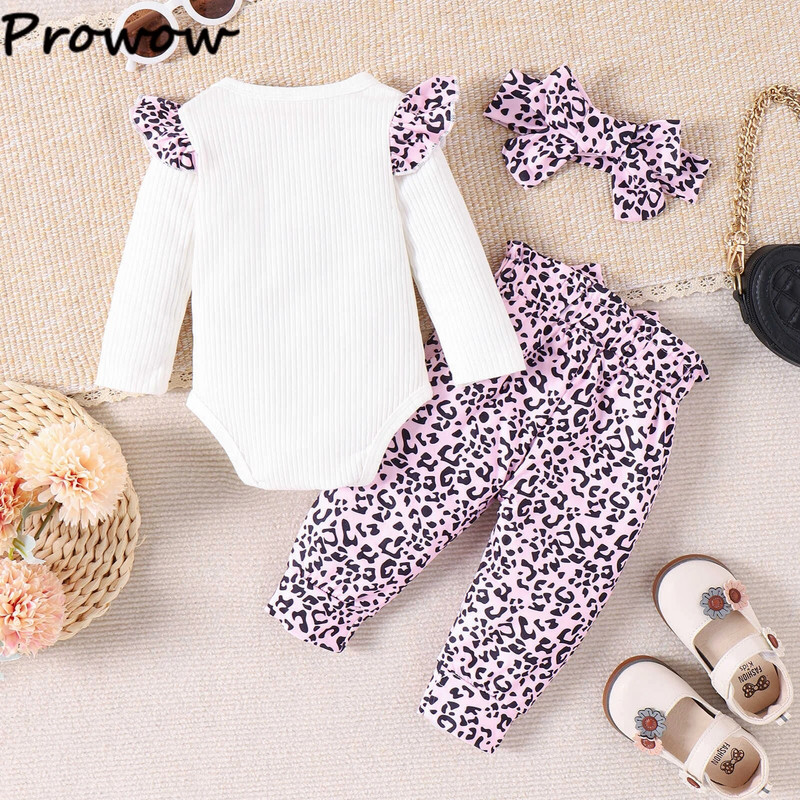 Prowow 0-24M kislány ruha szettek hosszú ujjú leopárd szív nadrág + nadrág + fejpánt újszülött lányok ruházati készletei
