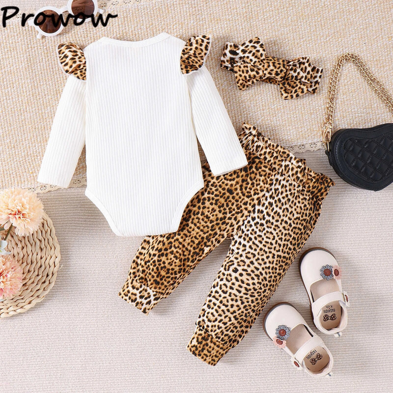 Prowow 0-24M kislány ruha szettek hosszú ujjú leopárd szív nadrág + nadrág + fejpánt újszülött lányok ruházati készletei
