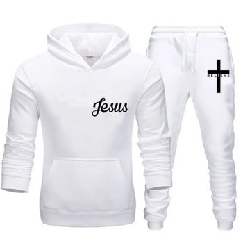 Τελευταίο I Believe in Jesus Christ Printed Φθινόπωρο και Χειμώνας Ανδρικό αθλητικό κοστούμι casual μονόχρωμο με κουκούλα Σχεδιασμός κορδονιών