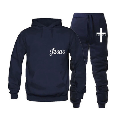 Τελευταίο I Believe in Jesus Christ Printed Φθινόπωρο και Χειμώνας Ανδρικό αθλητικό κοστούμι casual μονόχρωμο με κουκούλα Σχεδιασμός κορδονιών