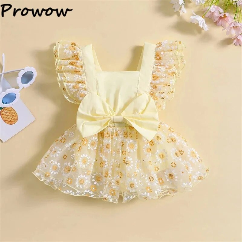 Prowow 0-24M kislányok nyári nadrágja százszorszép nyomott hercegnős hálós ruhák nagy csípős body újszülött kislányoknak