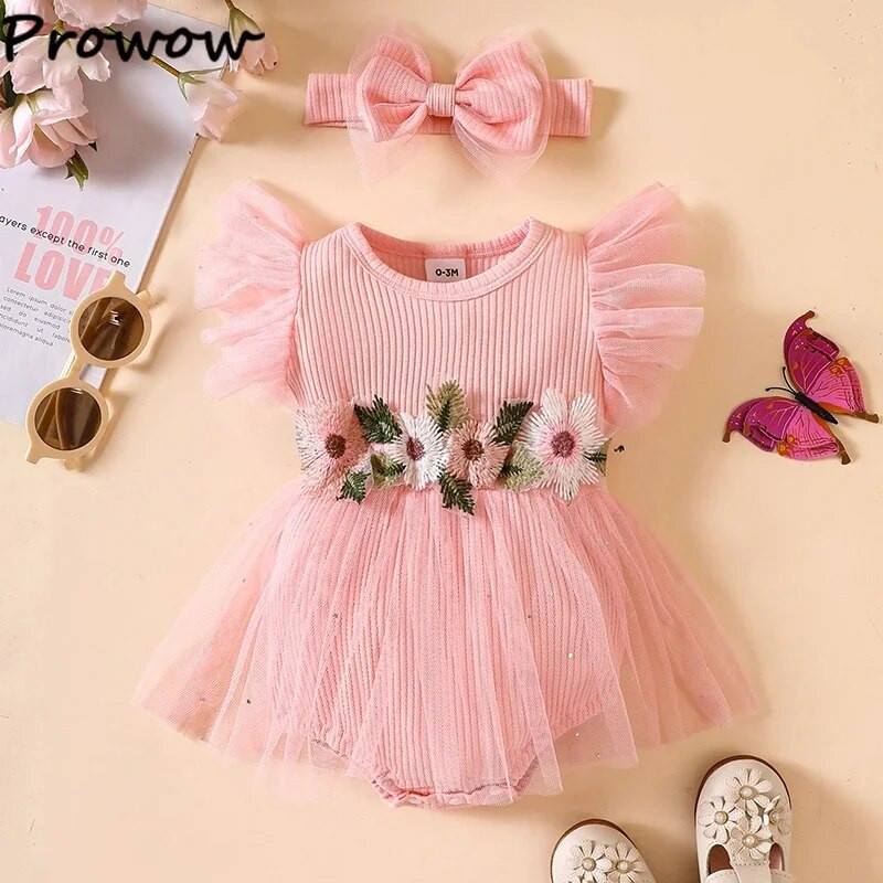 Prowow 0-18M Baby Girl Princess Ruhák Hímzés Virágos Body Újszülöttek Nyári Baby Girl 2023 ruházat