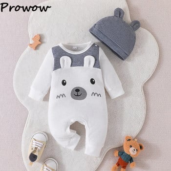 Prowow 0-18M Cartoon Bear Βρεφικά Ρούχα Φθινοπωρινές Βάφλες Αγόρια Romper Ολόσωμη φόρμα με καπέλο νεογέννητα φορμάκι για βρέφη