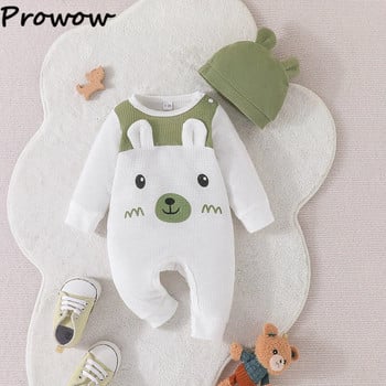 Prowow 0-18M Cartoon Bear Βρεφικά Ρούχα Φθινοπωρινές Βάφλες Αγόρια Romper Ολόσωμη φόρμα με καπέλο νεογέννητα φορμάκι για βρέφη