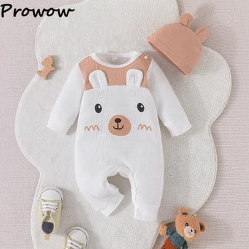 Prowow 0-18M Cartoon Bear Βρεφικά Ρούχα Φθινοπωρινές Βάφλες Αγόρια Romper Ολόσωμη φόρμα με καπέλο νεογέννητα φορμάκι για βρέφη