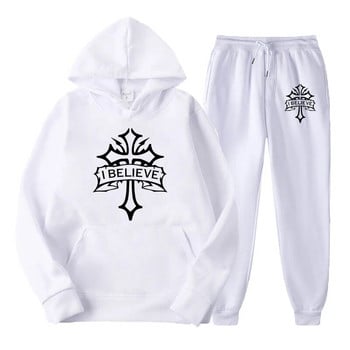 Мъжки анцуг Спортно облекло I Believe Cross Print Hoodies+Sweatpants Set Суичър Streetwear Пуловер Горнища Панталони Мъжки спортен костюм