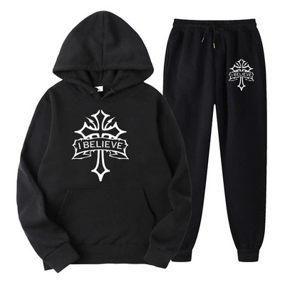 Ανδρική αθλητική φόρμα Αθλητικά I Believe Cross Print Hoodies + Σετ Φούτερ Φούτερ Streetwear πουλόβερ Μπλούζες Παντελόνι Ανδρικό αθλητικό κοστούμι