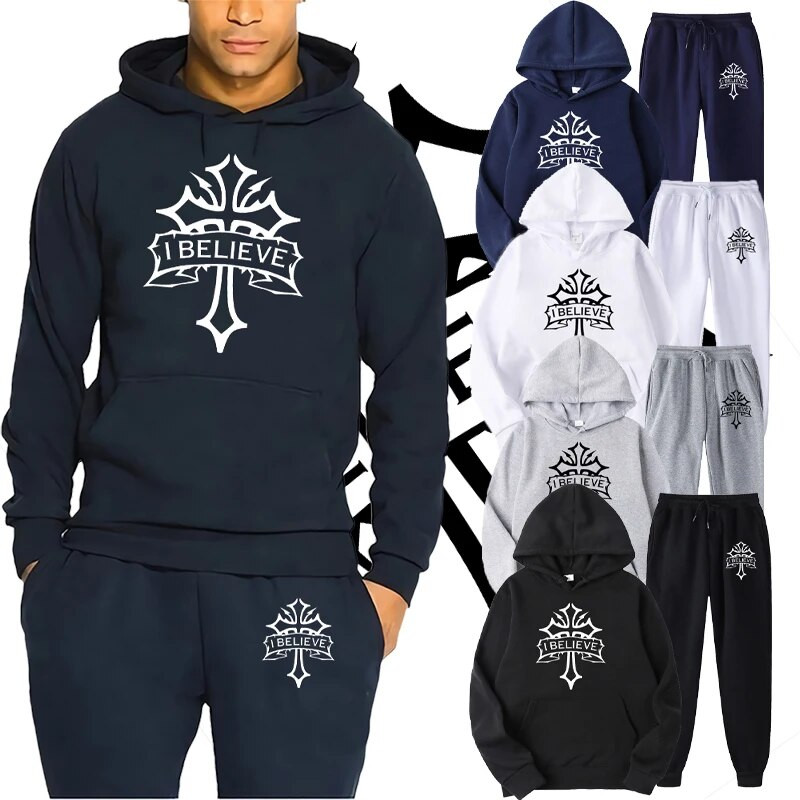 Férfi tréningruha Sportruházat I Believe Cross Print kapucnis pulóver + melegítőnadrág szett Pulóver Streetwear Pulóver felsők Nadrág Férfi Sportruha