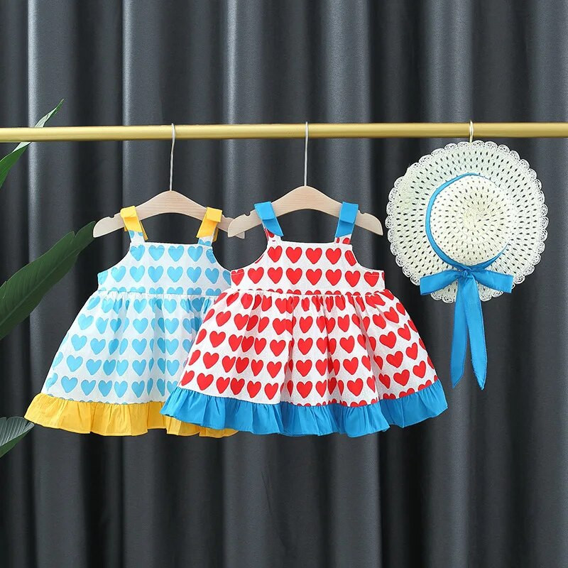 2 részes gyerek szett nyári ruhák babaruha lányoknak koreai divat virágok pamut ujjatlan strand hercegnő ruha+kalap