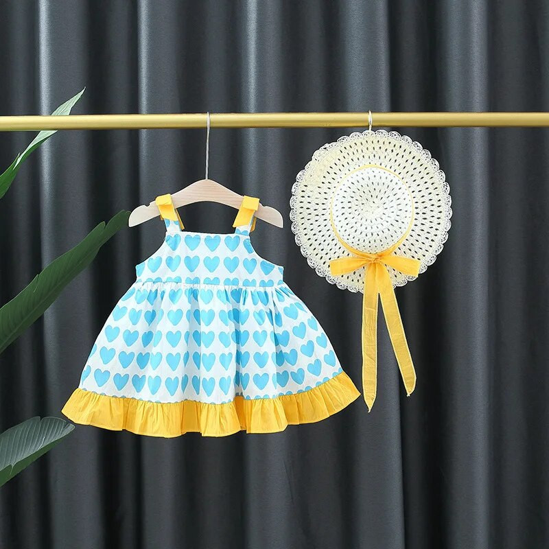 2 részes gyerek szett nyári ruhák babaruha lányoknak koreai divat virágok pamut ujjatlan strand hercegnő ruha+kalap