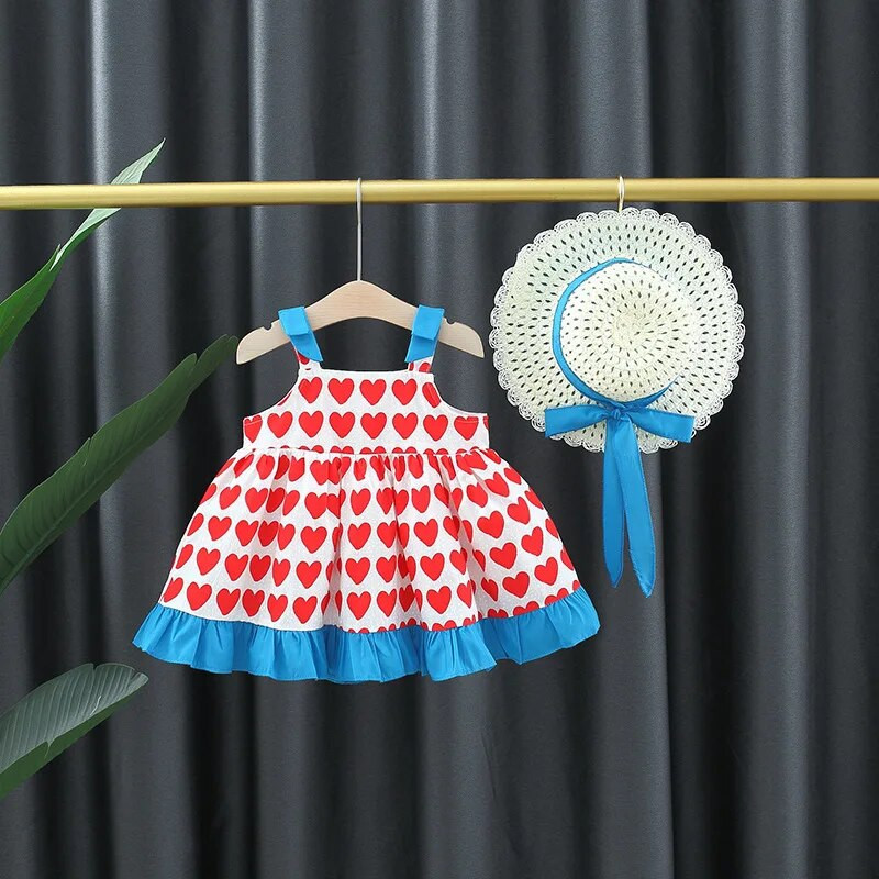 2 részes gyerek szett nyári ruhák babaruha lányoknak koreai divat virágok pamut ujjatlan strand hercegnő ruha+kalap