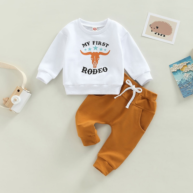 Baby Girls Boys 2 részes ruházati levél szarvasmarha fej nyomtatott környakú, hosszú ujjú pulóverek felsők + egyszínű hosszú nadrág szett