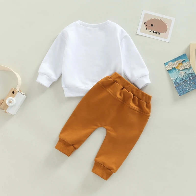 Baby Girls Boys 2 részes ruházati levél szarvasmarha fej nyomtatott környakú, hosszú ujjú pulóverek felsők + egyszínű hosszú nadrág szett