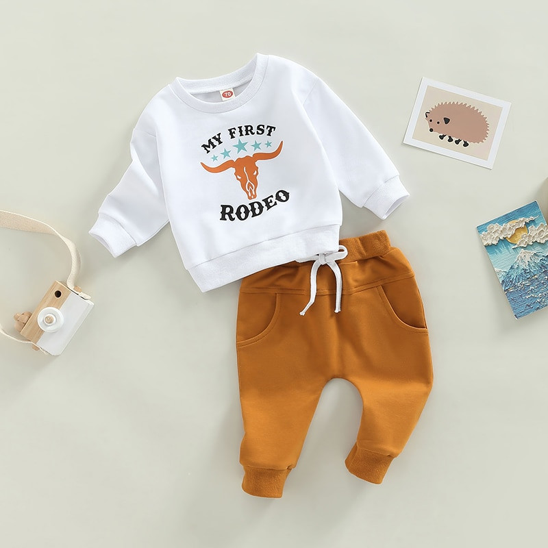 Baby Girls Boys 2 részes ruházati levél szarvasmarha fej nyomtatott környakú, hosszú ujjú pulóverek felsők + egyszínű hosszú nadrág szett