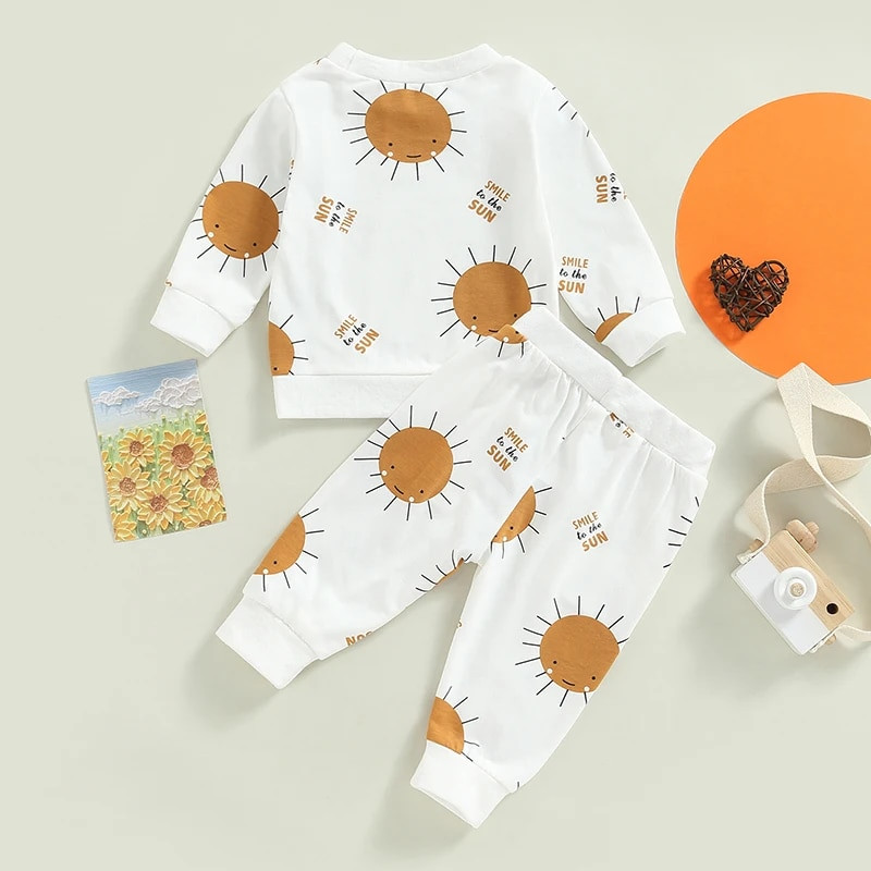 0-24M újszülött kislány fiú 2 db tavaszi ruhák, hosszú ujjú napfénymintás pulóver és zsebnadrág szett