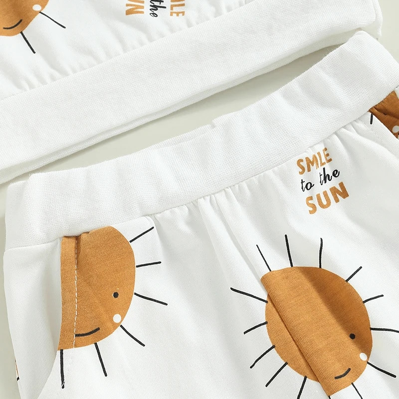 0-24M újszülött kislány fiú 2 db tavaszi ruhák, hosszú ujjú napfénymintás pulóver és zsebnadrág szett