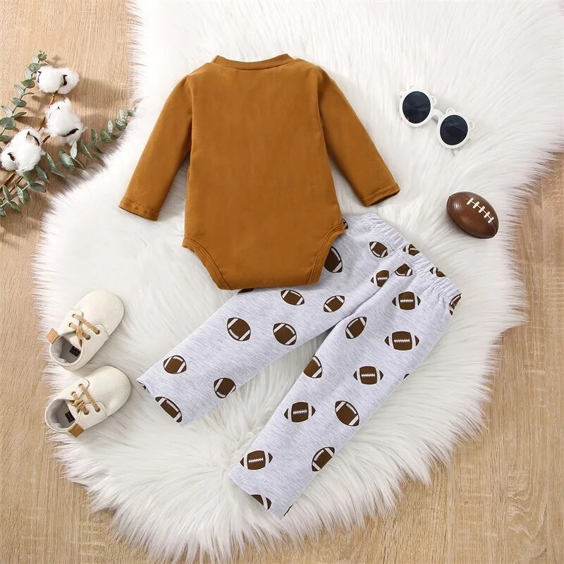 Baby Boys Girls Fall Football Game Outfit Letter Crewneck hosszú ujjú pulóver Romper Rugby Print húzózsinóros nadrág szettek