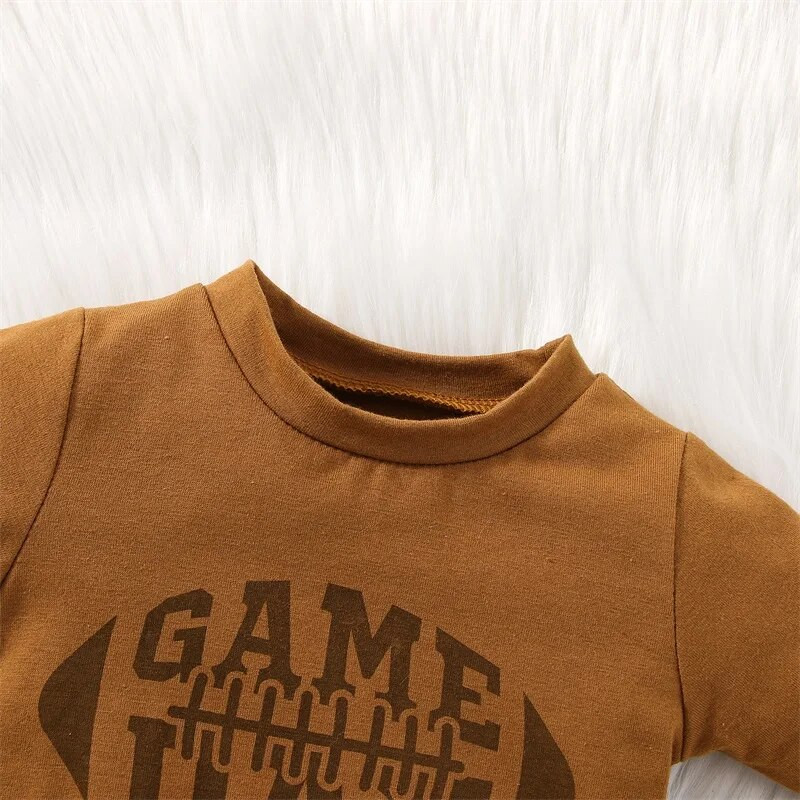 Baby Boys Girls Fall Football Game Outfit Letter Crewneck hosszú ujjú pulóver Romper Rugby Print húzózsinóros nadrág szettek