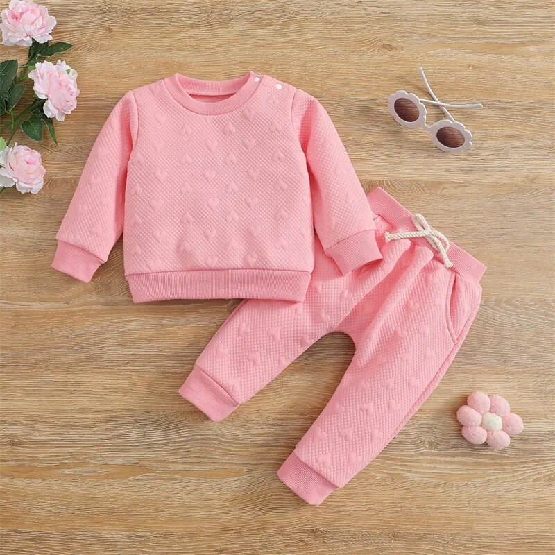 2db őszi kisfiús lányruha kisgyermekek steppelt szív hosszú ujjú, kerek galléros felsők vállgombbal + hosszú nadrág