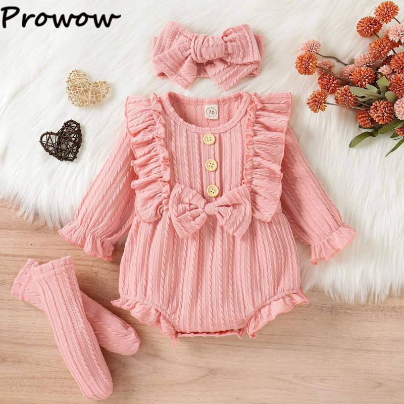 Prowow 0-12M őszi téli babaruhák hosszú ujjú kötött nadrág lábujjjal Bowkot Body újszülötteknek egyrészes