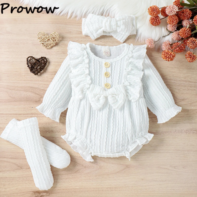 Prowow 0-12M őszi téli babaruhák hosszú ujjú kötött nadrág lábujjjal Bowkot Body újszülötteknek egyrészes