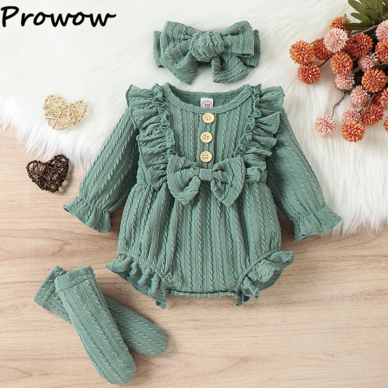 Prowow 0-12M őszi téli babaruhák hosszú ujjú kötött nadrág lábujjjal Bowkot Body újszülötteknek egyrészes