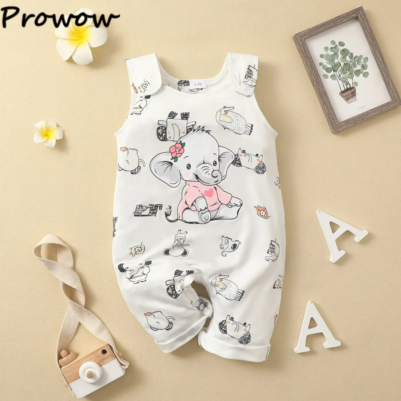 Prowow 0-18M Nyári babaruhák Fiúk Lányok Nyaraló Ujjatlan Rajzfilm Aranyos Elefánt Body Csecsemőknek Gyerekruházat