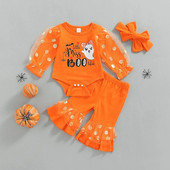 Újszülött kislány halloween ruha hálós puff ujjú fodros csengő alsó nadrág szett fejpántos ruhákkal