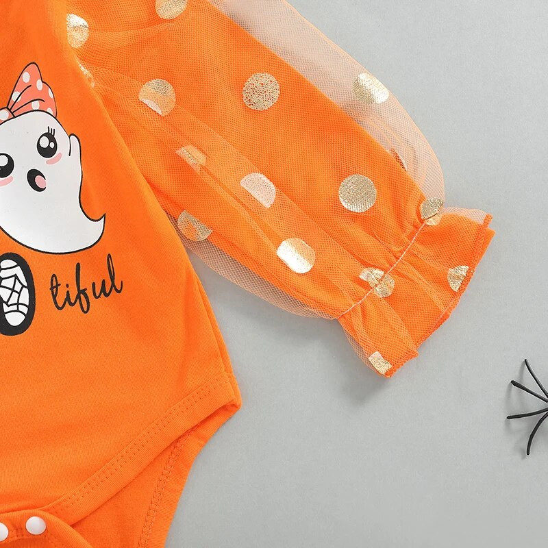 Újszülött kislány halloween ruha hálós puff ujjú fodros csengő alsó nadrág szett fejpántos ruhákkal