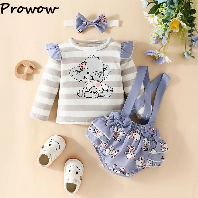 Prowow 0-18M őszi kislány ruhák elefántruhák hosszú ujjú rajzfilmes pólók és nadrágtartós bodyk, babakészletek lányoknak