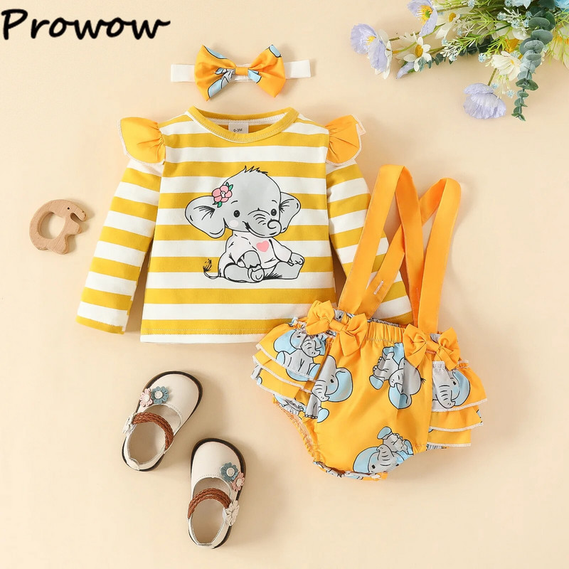Prowow 0-18M őszi kislány ruhák elefántruhák hosszú ujjú rajzfilmes pólók és nadrágtartós bodyk, babakészletek lányoknak