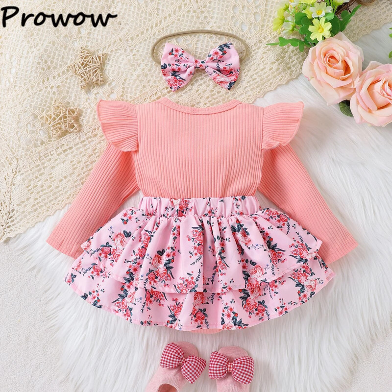 Prowow 0-24M újszülött baba lány ruhák ősz tél hosszú ujjú levél virágos pólós ruha csecsemők body újszülötteknek