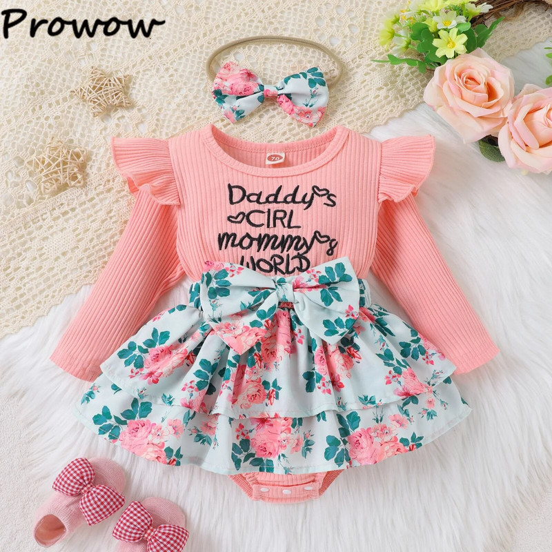 Prowow 0-24M újszülött baba lány ruhák ősz tél hosszú ujjú levél virágos pólós ruha csecsemők body újszülötteknek