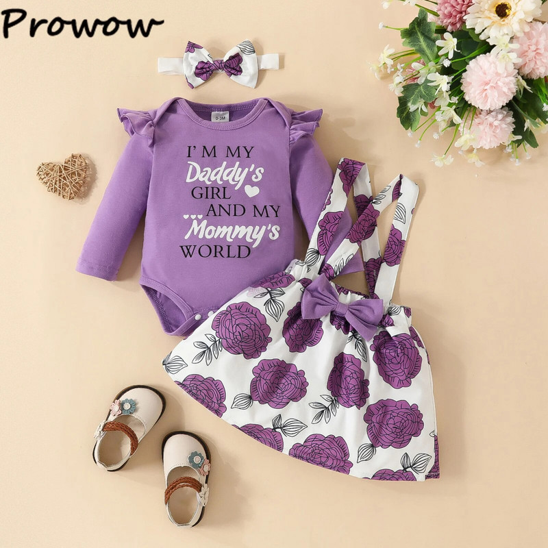 Prowow 0-18M őszi téli babaruhák szett betűs Body és virágos függőszoknya 3db ruha újszülött lányoknak baba