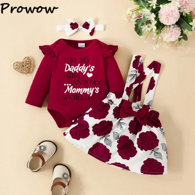 Prowow 0-18M őszi téli babaruhák szett betűs Body és virágos függőszoknya 3db ruha újszülött lányoknak baba