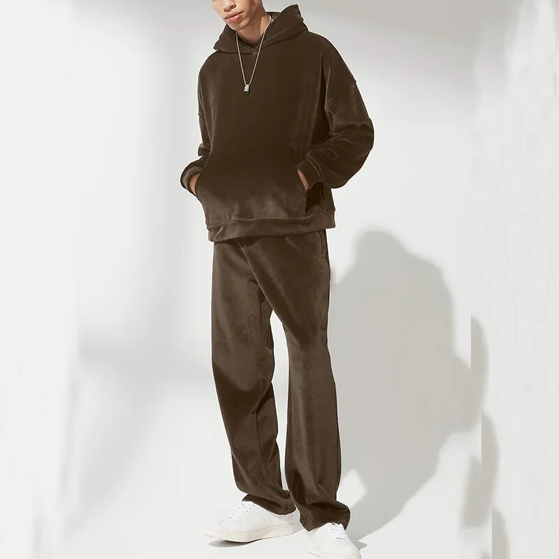 Téli plüss vastag khaki barna öltöny arany bársony férfi ruházat egyszerű trend alkalmi sportkapu + nadrág bő változat