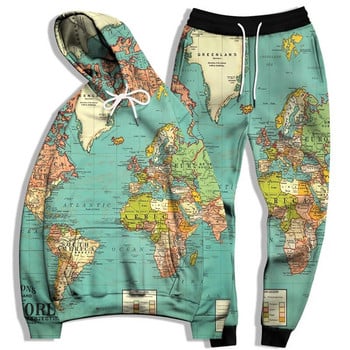 Комплект качулка и спортни панталони с 3d печат на картата на света Мъже, жени Свободни големи спортни екипи Анцузи с дълъг ръкав Комплект суичъри с качулка