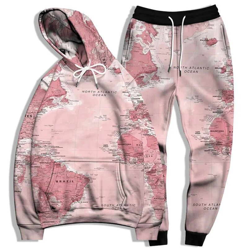 Világtérkép 3D-s nyomtatott kapucnis és melegítőnadrág szett Férfi Női Bő, Túlméretes Sportruházat Hosszú ujjú Tréningruha kapucnis kocogó szett