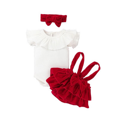 Prowow 0-12M Baby Girl Summer Romper Set Off Shoulder Romper+Red Velvet Bodysuit+Headband 3τμχ Σετ Νεογέννητα Κορίτσια