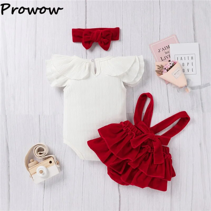 Prowow 0-12M kislány nyári ruha szett váll nadrág+piros bársony body+fejpánt 3db újszülött ruházat lányoknak