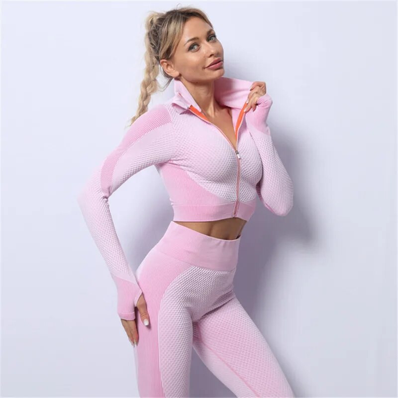 Zökkenőmentes női jóga szett tornatermi ruházat hosszú ujjú Crop felső magas derekú leggings edzés sportruházat fitnesz sport öltöny jóga szett