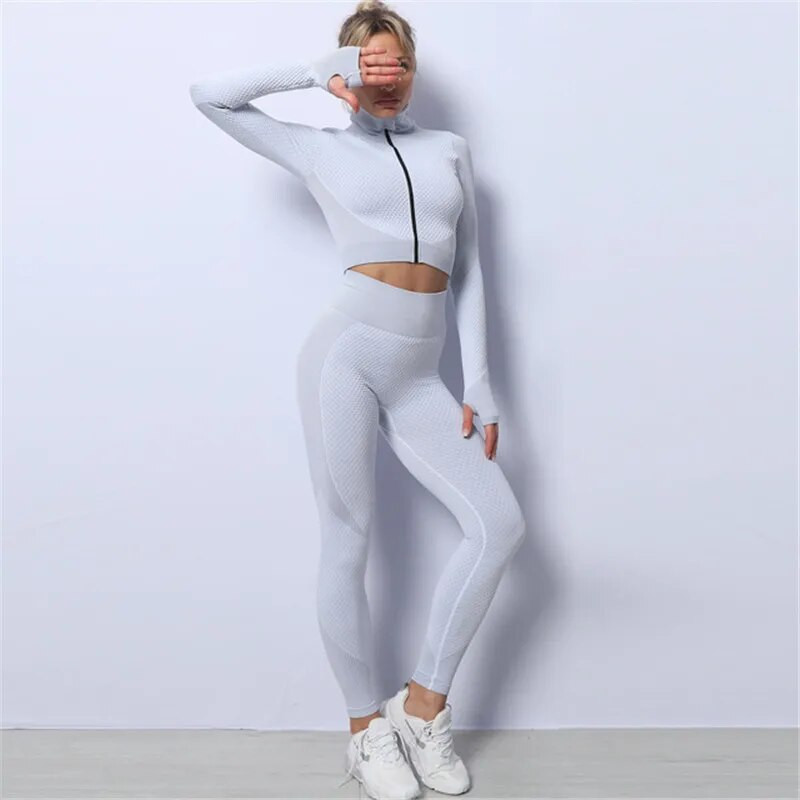 Zökkenőmentes női jóga szett tornatermi ruházat hosszú ujjú Crop felső magas derekú leggings edzés sportruházat fitnesz sport öltöny jóga szett