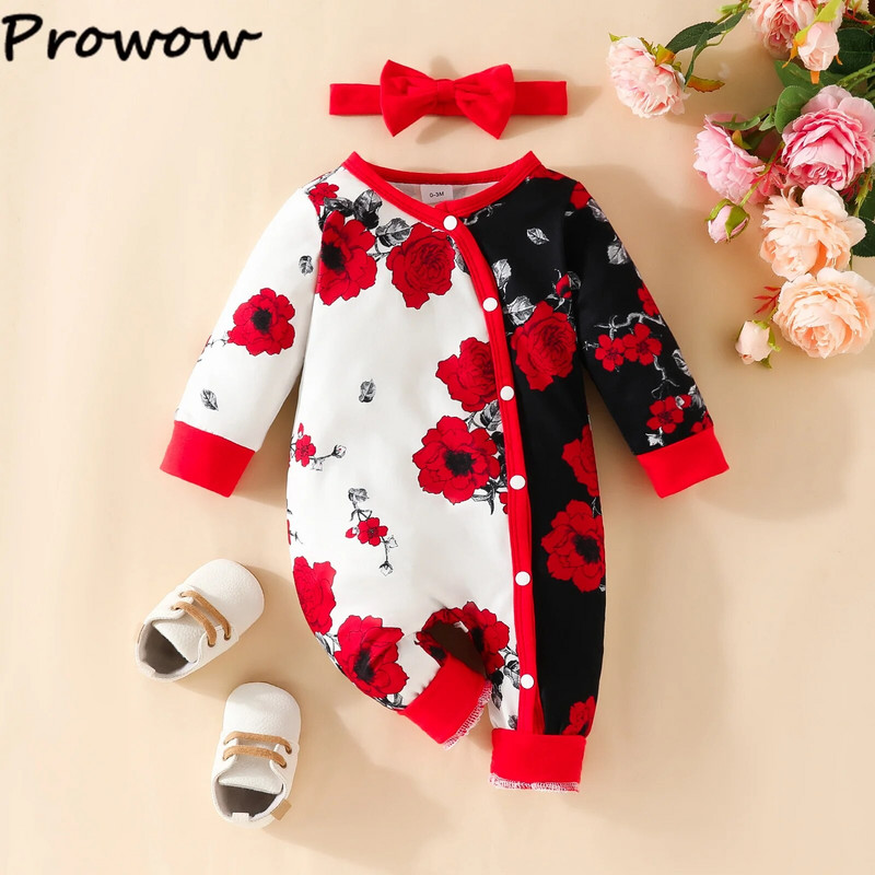 Prowow 0-18M babaruhák, hosszú ujjú, virágos, fodros, fodros nadrágos Body csecsemőknek fejpánttal Újszülött baba Jumpsuit