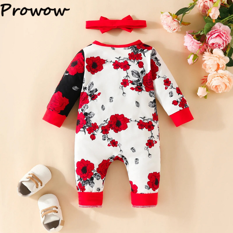Prowow 0-18M babaruhák, hosszú ujjú, virágos, fodros, fodros nadrágos Body csecsemőknek fejpánttal Újszülött baba Jumpsuit