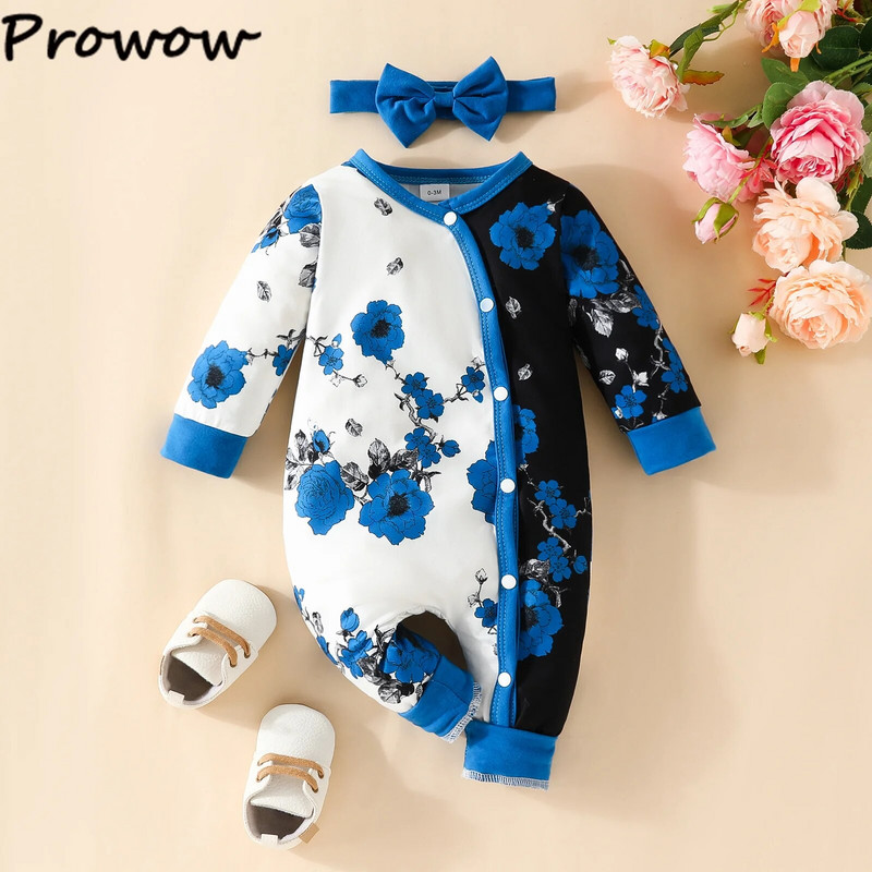 Prowow 0-18M babaruhák, hosszú ujjú, virágos, fodros, fodros nadrágos Body csecsemőknek fejpánttal Újszülött baba Jumpsuit