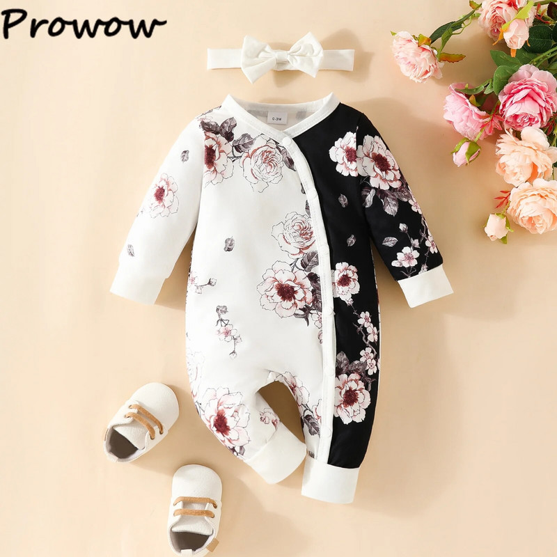Prowow 0-18M babaruhák, hosszú ujjú, virágos, fodros, fodros nadrágos Body csecsemőknek fejpánttal Újszülött baba Jumpsuit