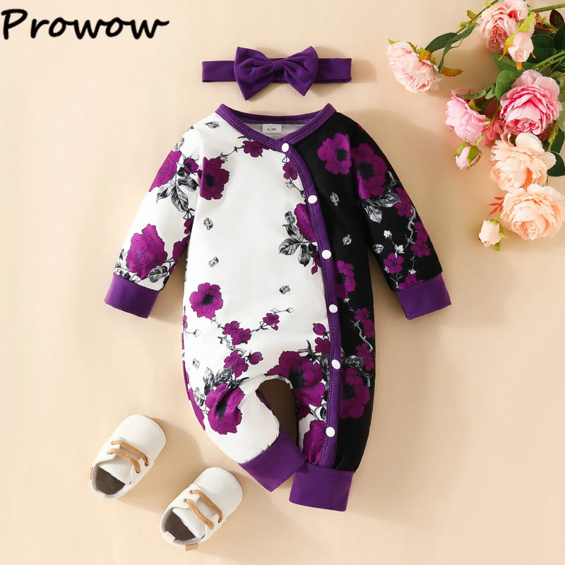 Prowow 0-18M babaruhák, hosszú ujjú, virágos, fodros, fodros nadrágos Body csecsemőknek fejpánttal Újszülött baba Jumpsuit