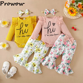 Prowow 0-18M Φθινοπωρινά σετ ρούχων για κοριτσάκια Letter "Hi" Romper and Sunflower Flared Pants + Headband 3 τμχ Στολή νεογέννητου