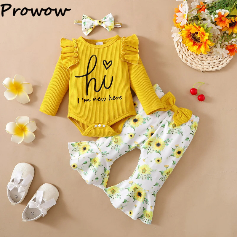 Prowow 0-18M őszi baba lány ruha készletek "Szia" nadrág és napraforgó kiszélesedő nadrág + fejpánt 3db újszülött ruha