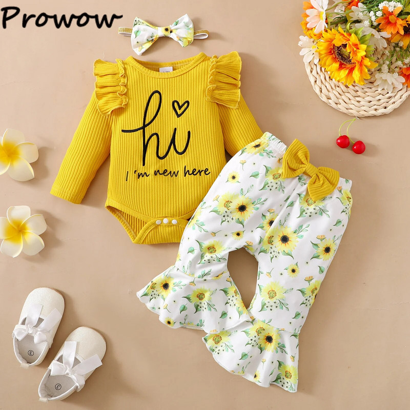 Prowow 0-18M őszi baba lány ruha készletek "Szia" nadrág és napraforgó kiszélesedő nadrág + fejpánt 3db újszülött ruha